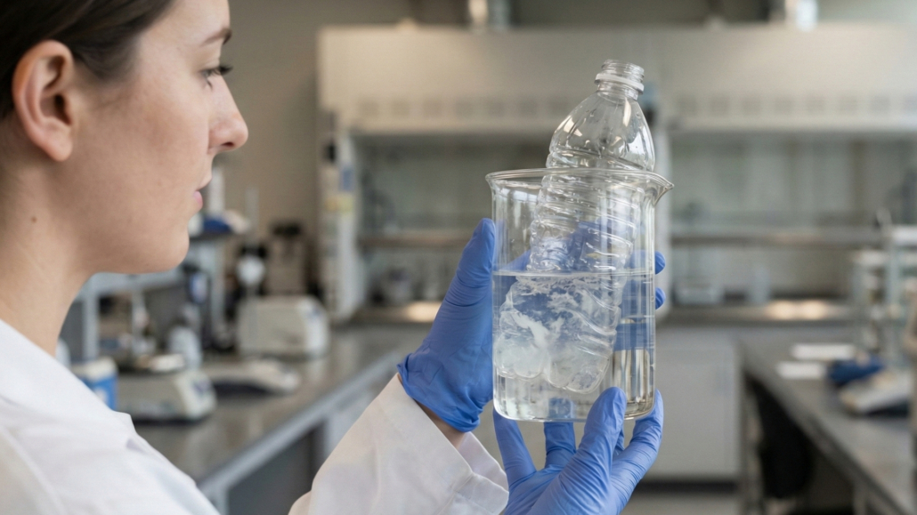 Research personnel in a laboratory with a plastic bottle inside a beaker
