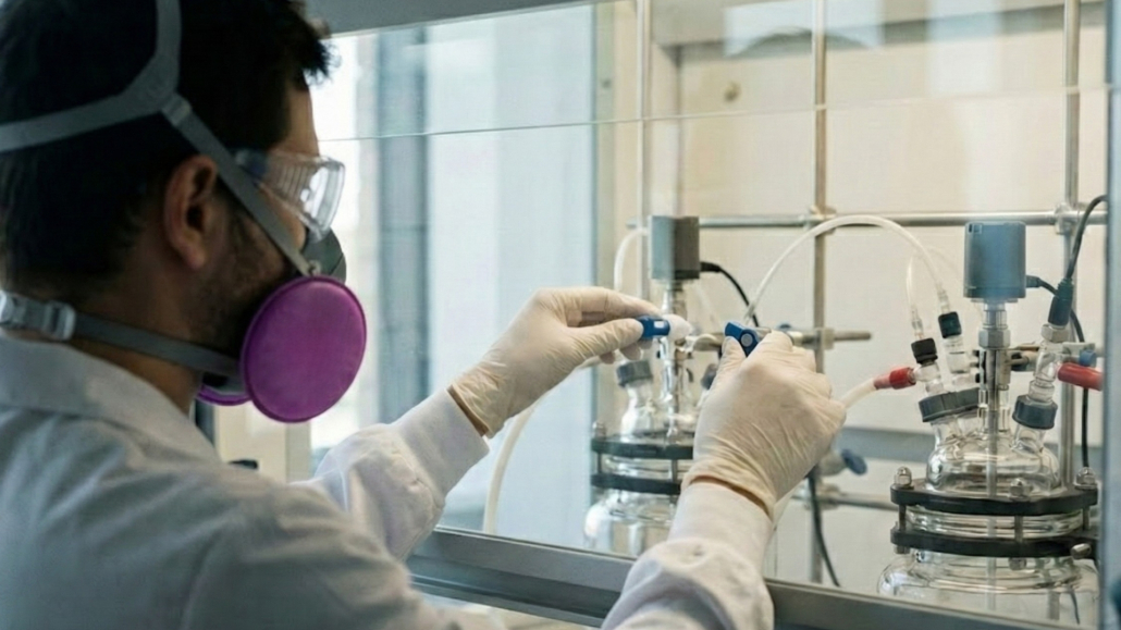 Fisica de polimeros Research staff in a laboratory conducting tests while wearing a mask and protective goggles