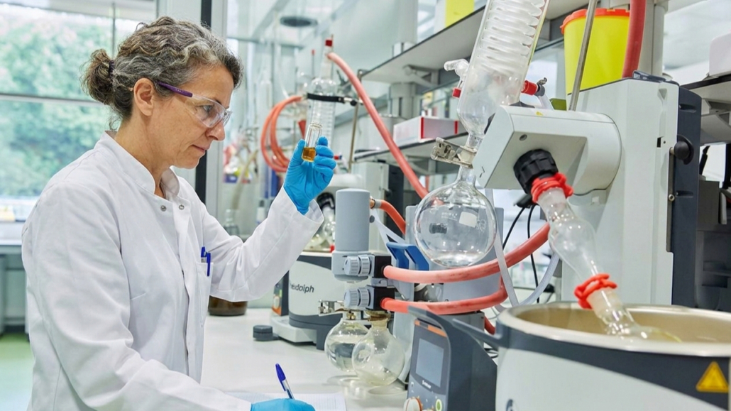 Research staff in a laboratory conducting tests while wearing protective goggles