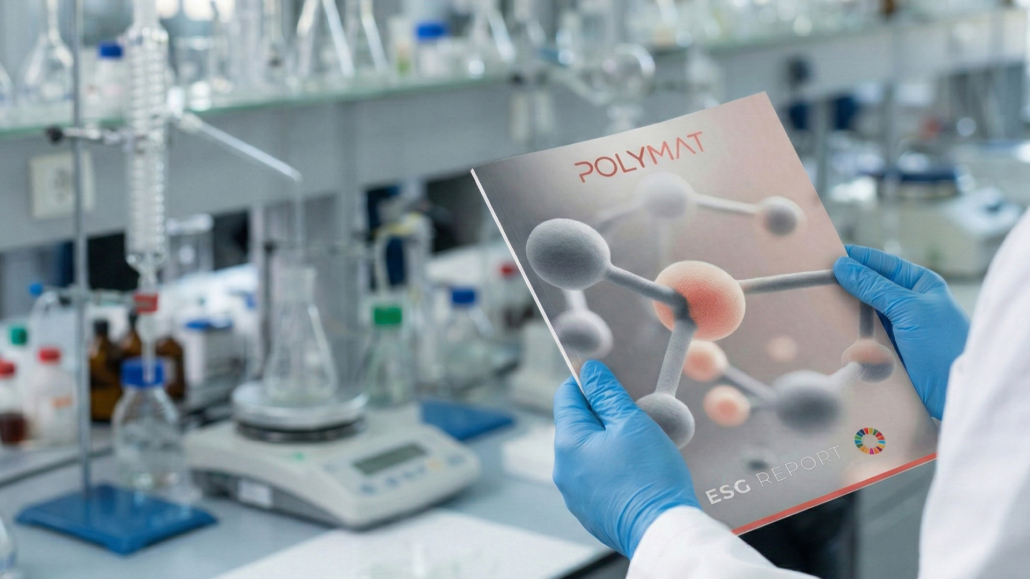 Research staff wearing protective gloves and holding Polymat's annual report in a lab