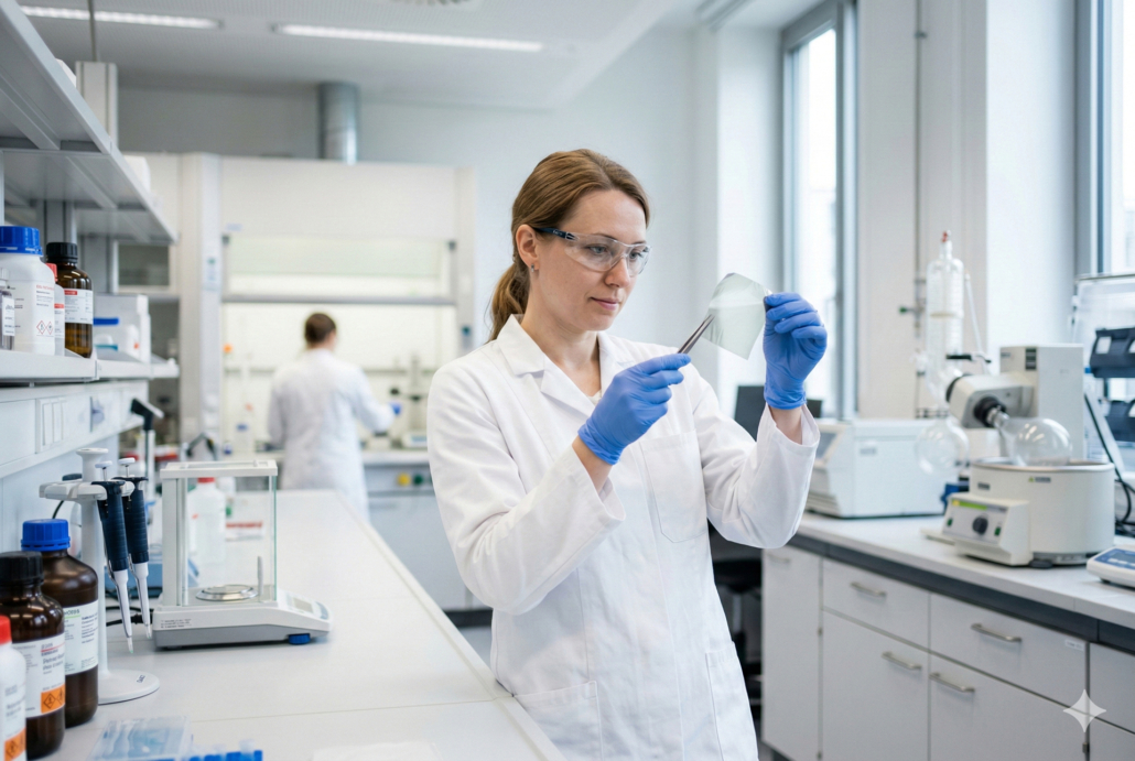 Research staff in a laboratory working while wearing protective goggles
