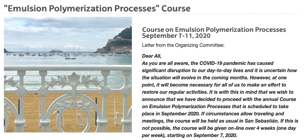 Registration to the Course on Emulsion Polymerization Processes 2020 Open